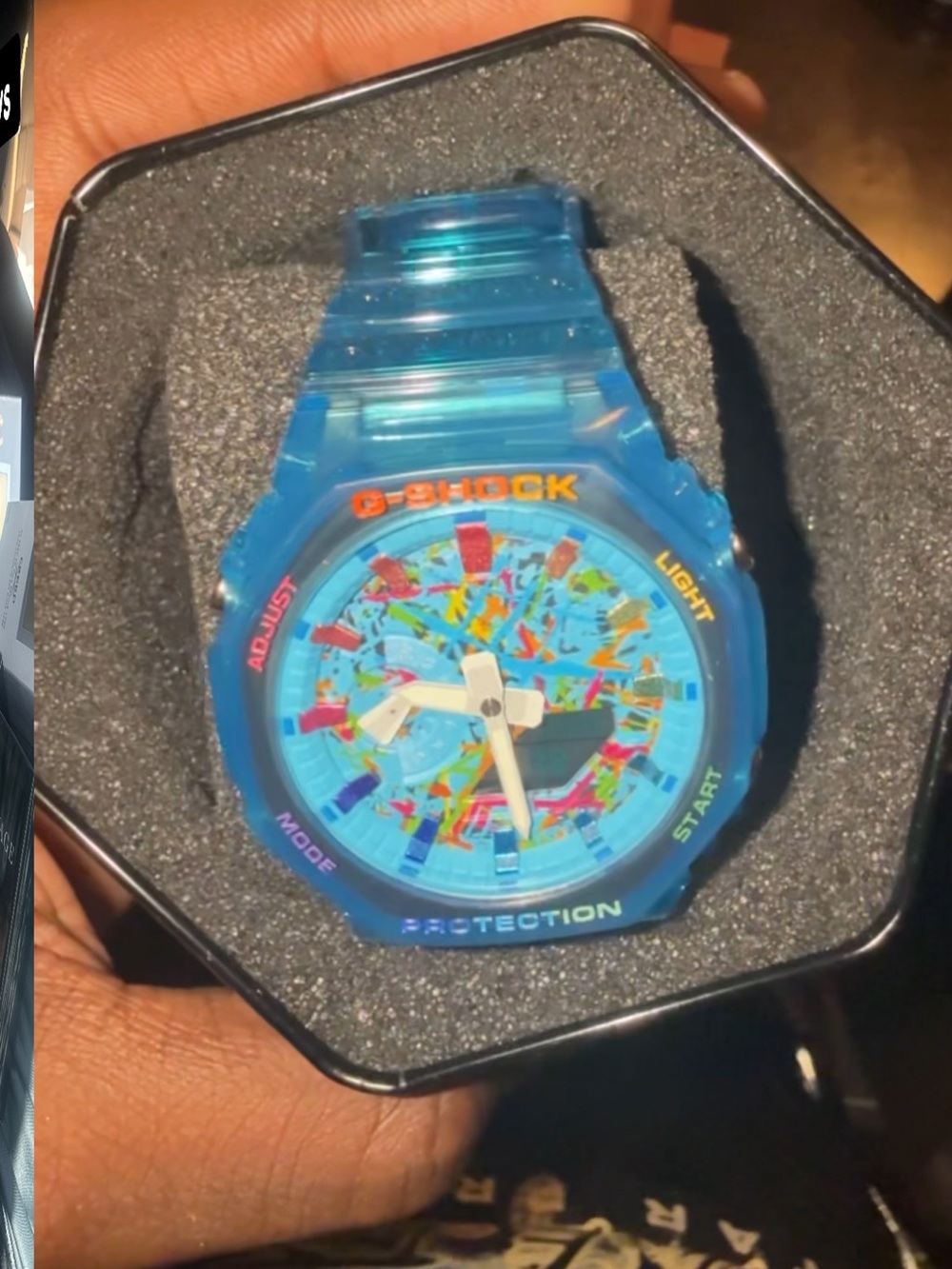 G-Shock Blue Translucent Watch with Multicolor Confetti Dial